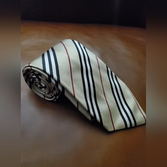 Burberry classic stripe silk tie Red Black Tan Authentic - Picture 1 of 6